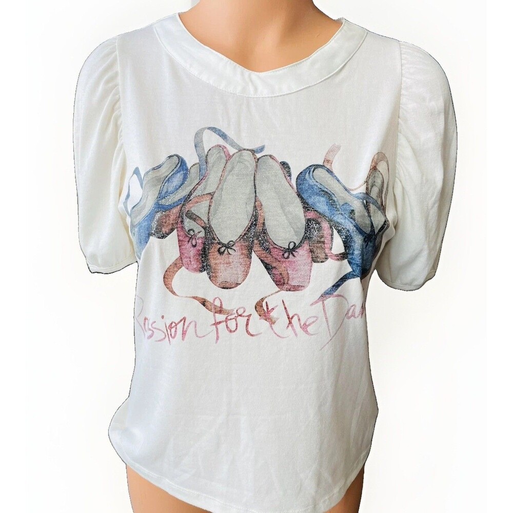 On & On White Puff Sleeve Top Dance Ballet Size XS Blouse Silky Soft